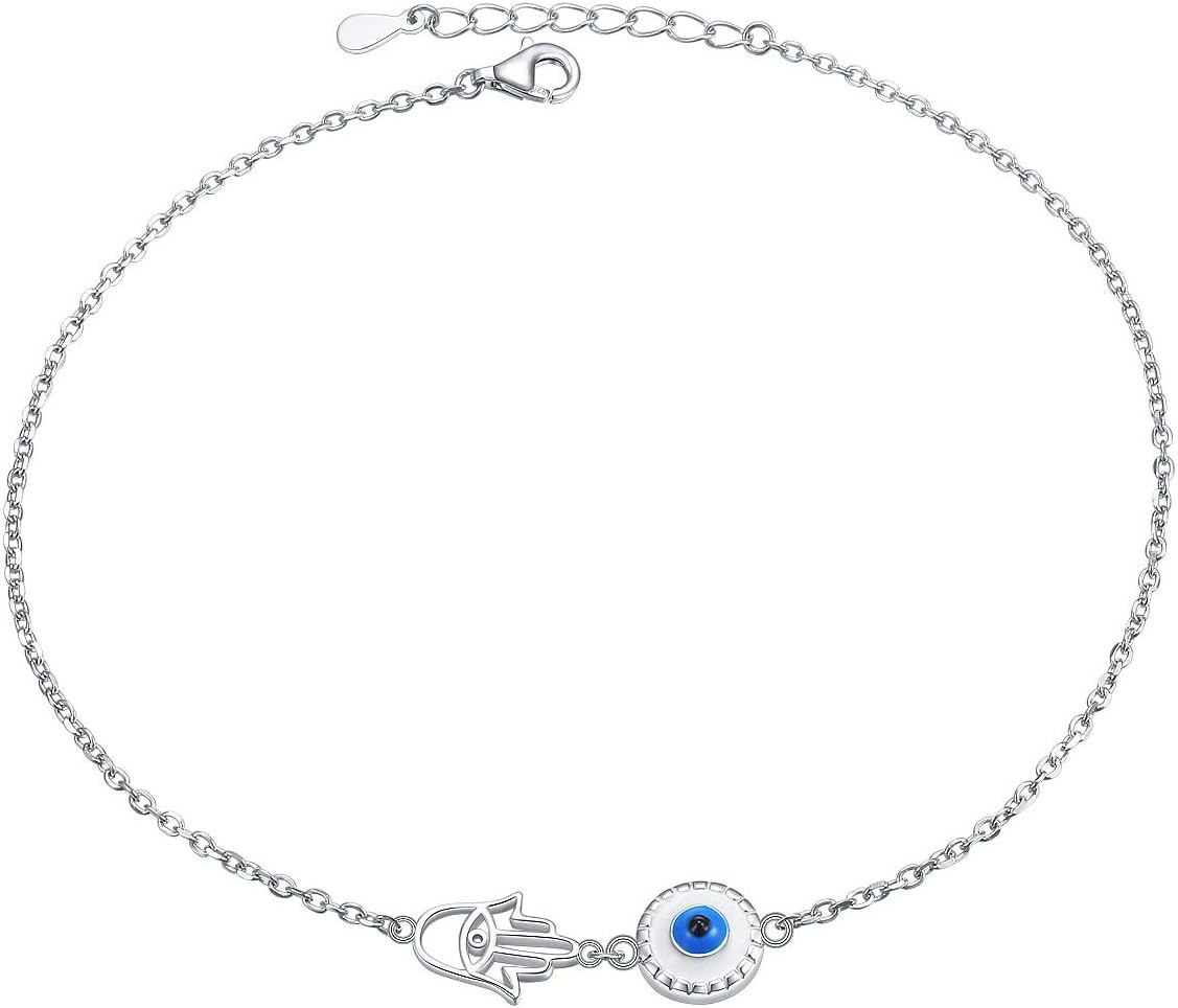 S925 Sterling Silver Evil Eye Hamsa Hand/Butterfly/Cross/Celtic Knot/Infinity/Heart Anklets for Women Girls, Adjustable 9 10 11 Inches Foot Chain Jewelry