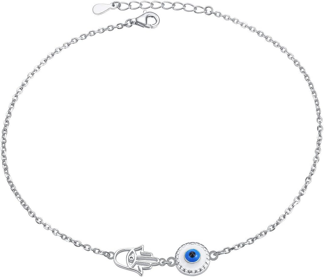 S925 Sterling Silver Evil Eye Hamsa Hand/Butterfly/Cross/Celtic Knot/Infinity/Heart Anklets for Women Girls, Adjustable 9 10 11 Inches Foot Chain Jewelry