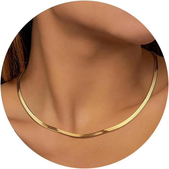 Finrezio 14K Gold Necklace Gold Plated Snake Chain Necklace for Women Gold Necklace Chain Herringbone Stainless Steel Necklace for Womens Layered Adjustable Necklace Jewellery 3/5MM(W) 14"/15"/16"(L)