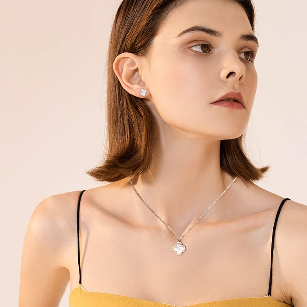 TOFBS Four-Leaf Clover Jewellery Set for Women Girls 18K Rose Gold Plated Stainless Steel Double-sided Green Black Four-Leaf Clover Pendant Necklace Stud Earrings Bracelet Jewellery Set