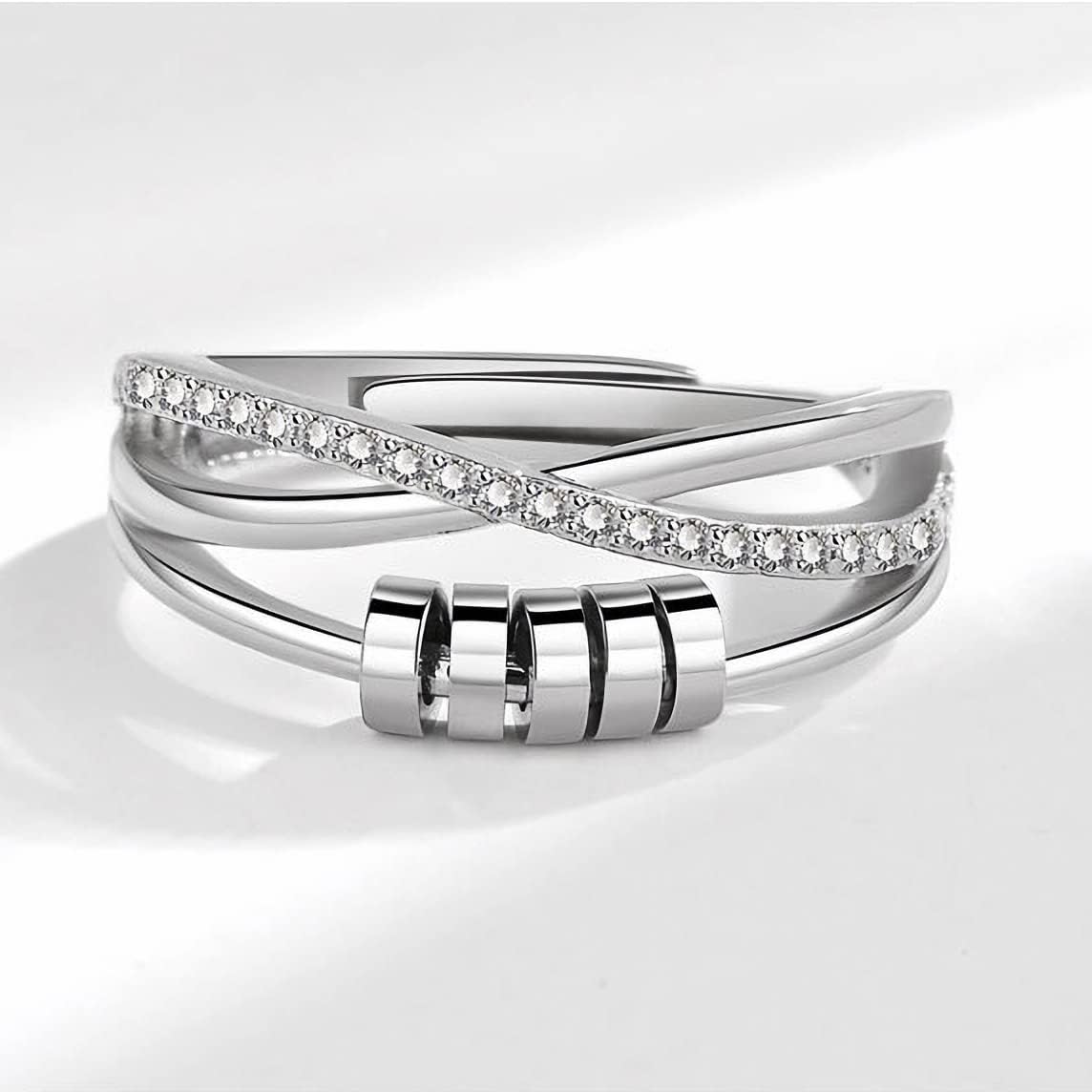 Kamise Silver Anxiety Ring, 925 Sterling Silver Fidget Ring for Anxiety Women, Adjustable Open Spinner Fidget Rings, Infinity Thumb Beads Rings Stress Rings for Worry Anxiety Relief