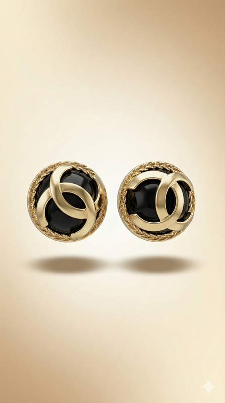 Gold Tone Black Enamel Button Stud Earrings