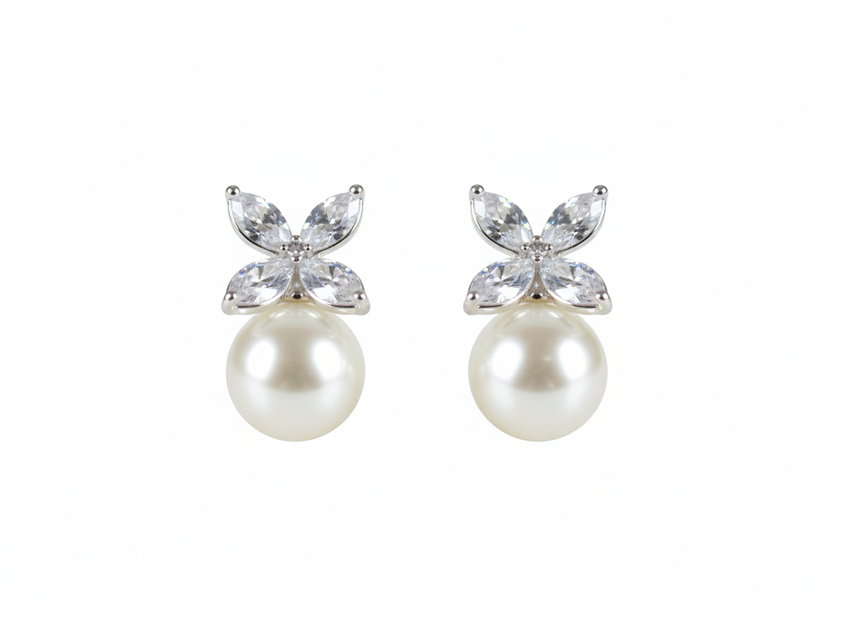 Pearl Drop Earrings with Butterfly Style Crystal