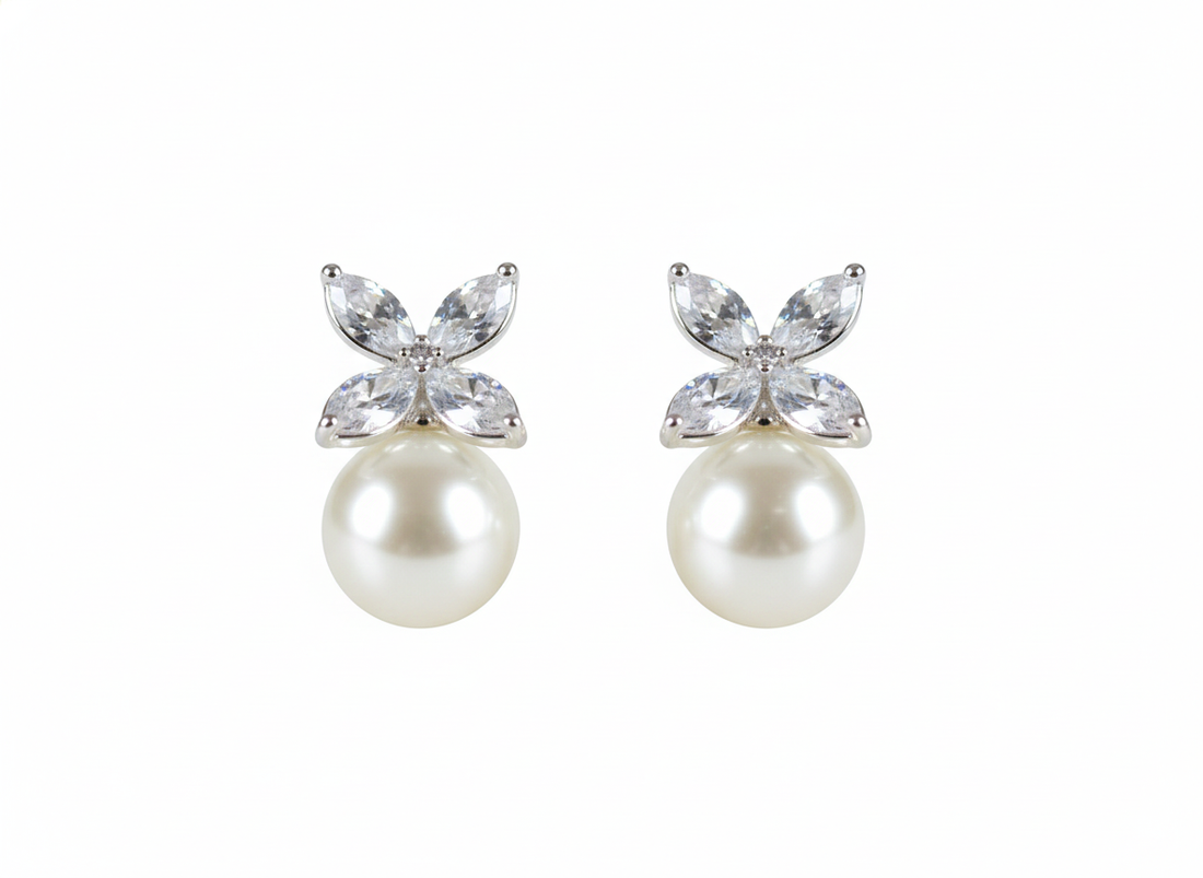 Pearl Drop Earrings with Butterfly Style Crystal