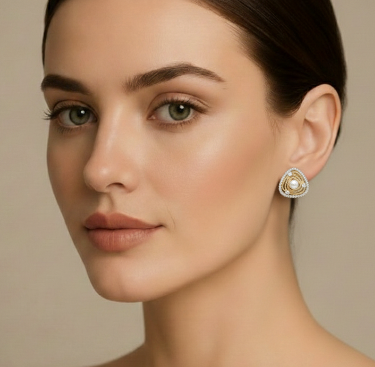 Gold Triangle Pearl Stud Earrings