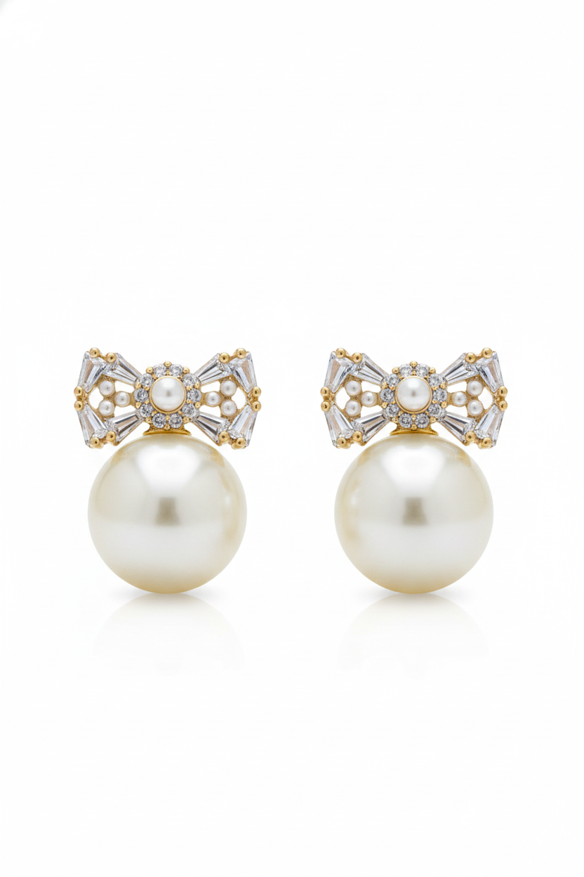Pearl Drop Earrings with Crystal Bow Design