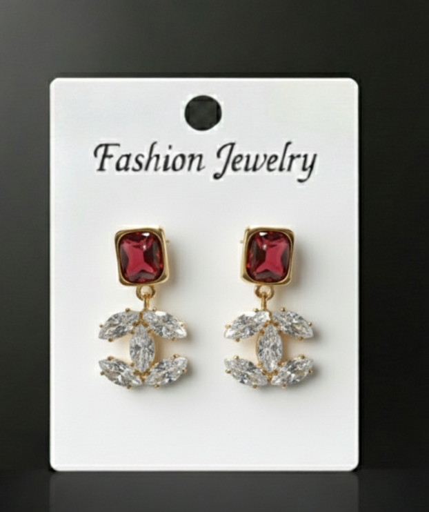 Gold Tone Crystal Drop Earrings with Red Stone