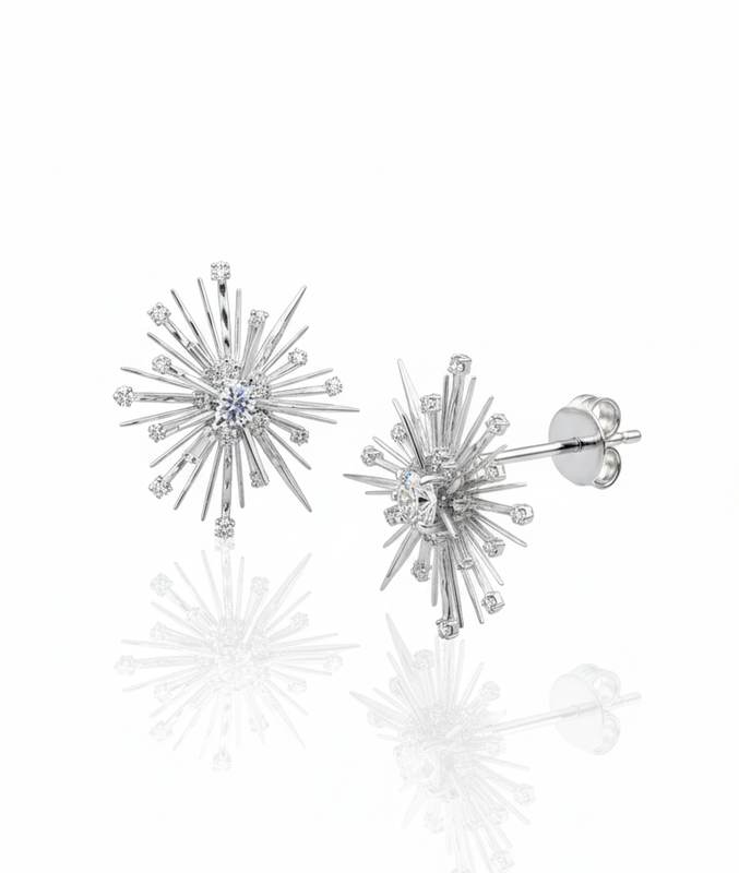 Silver Tone Crystal Starburst Earrings