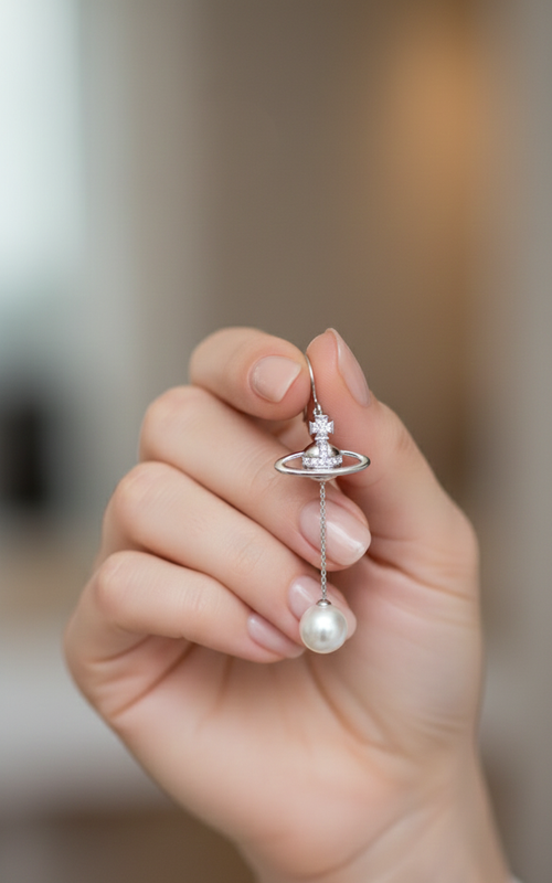 Silver Pearl Drop Chain Earrings