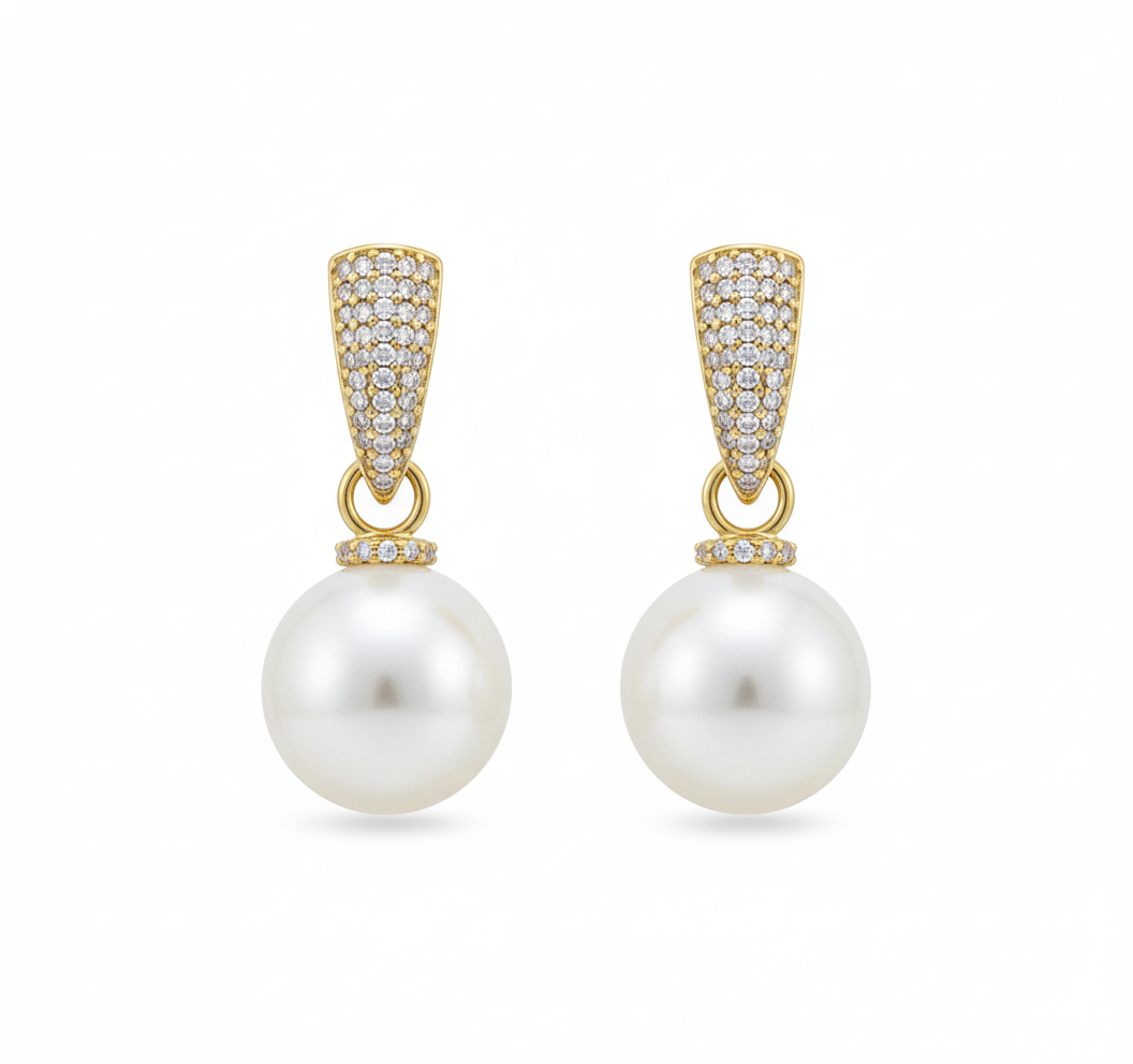 Gold Tone Pearl Drop Earrings with Crystal Detail