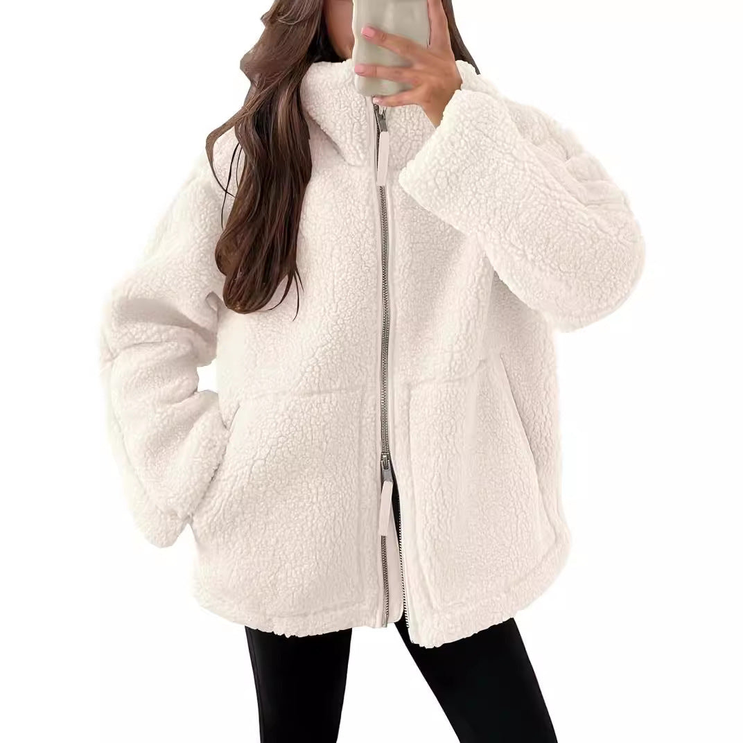 Winter Lapel Zip-up Coat With Pockets Casual Fashion