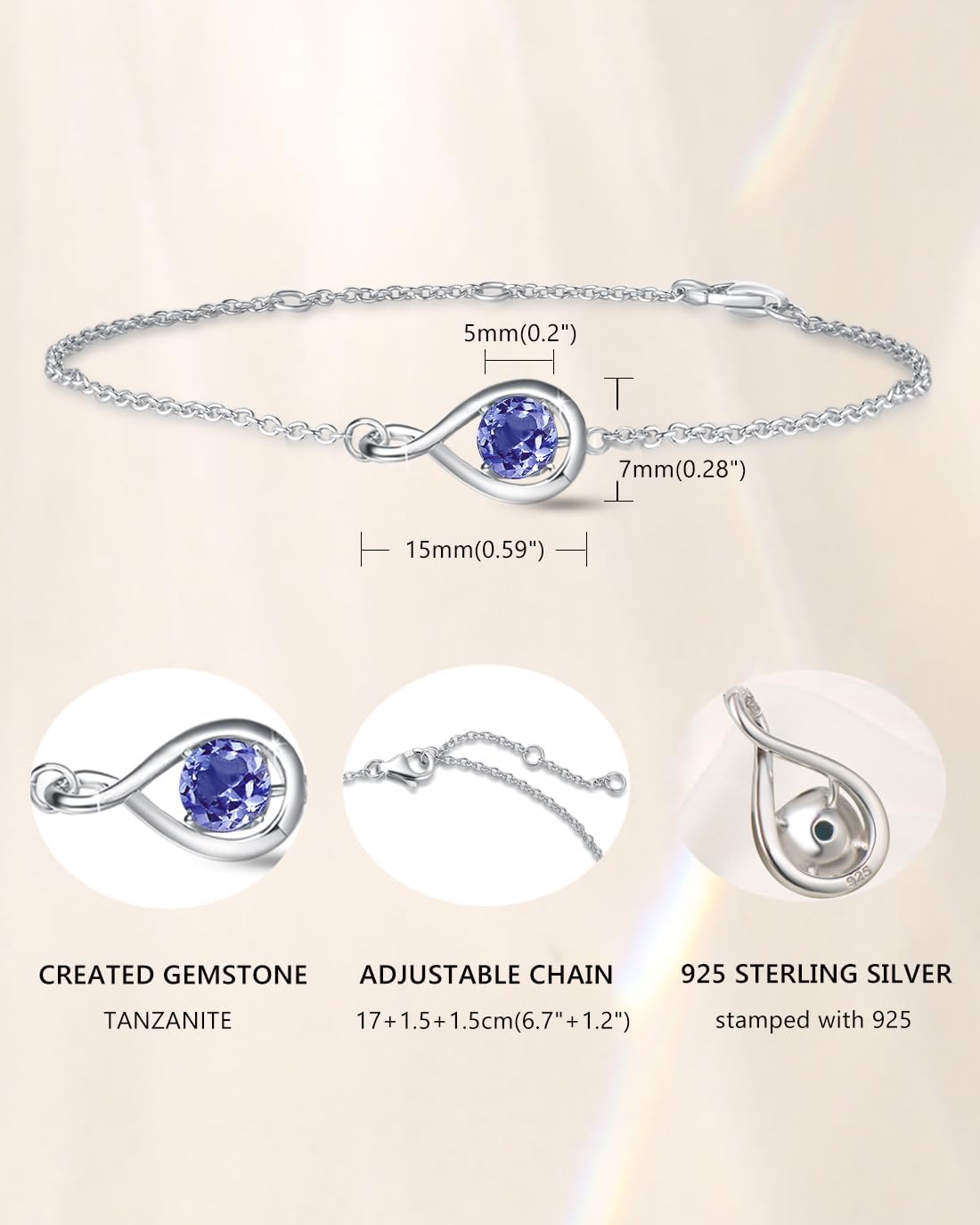 FANCIME Bracelet 925 Sterling Silver White Gold Plated Infinity Birthstone Bracelets for Women Fine Jewellery Birthday Gifts for Her Mom Wife, Chain Length 6.7"+1.2" Extend