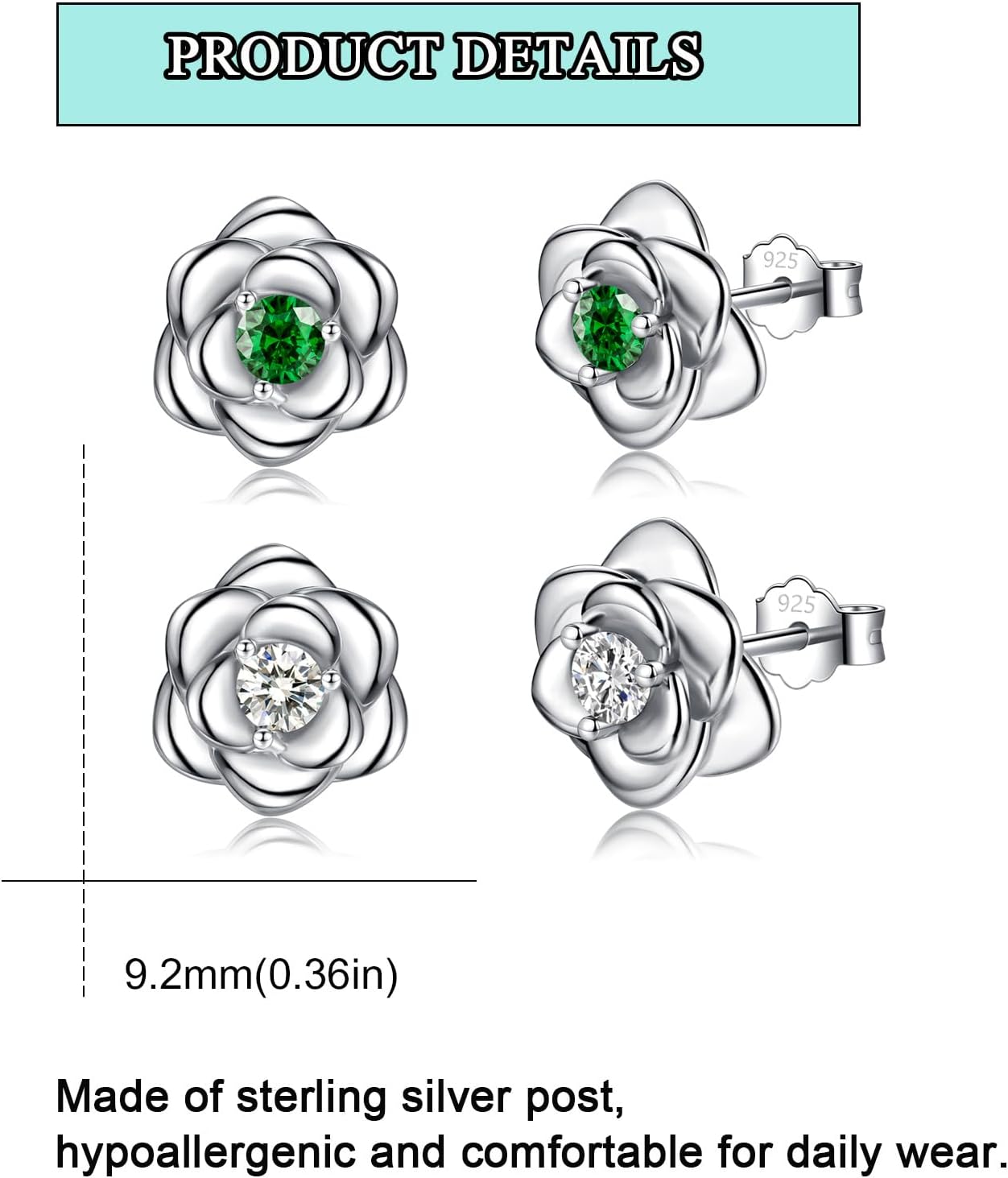 Sterling Silver Stud Earrings for Women, Silver Flower Cubic Zirconia Hypoallergenic Helix Cartilage Earrings Jewelry Gifts for Girls (Silver, Gold, Rose Gold)