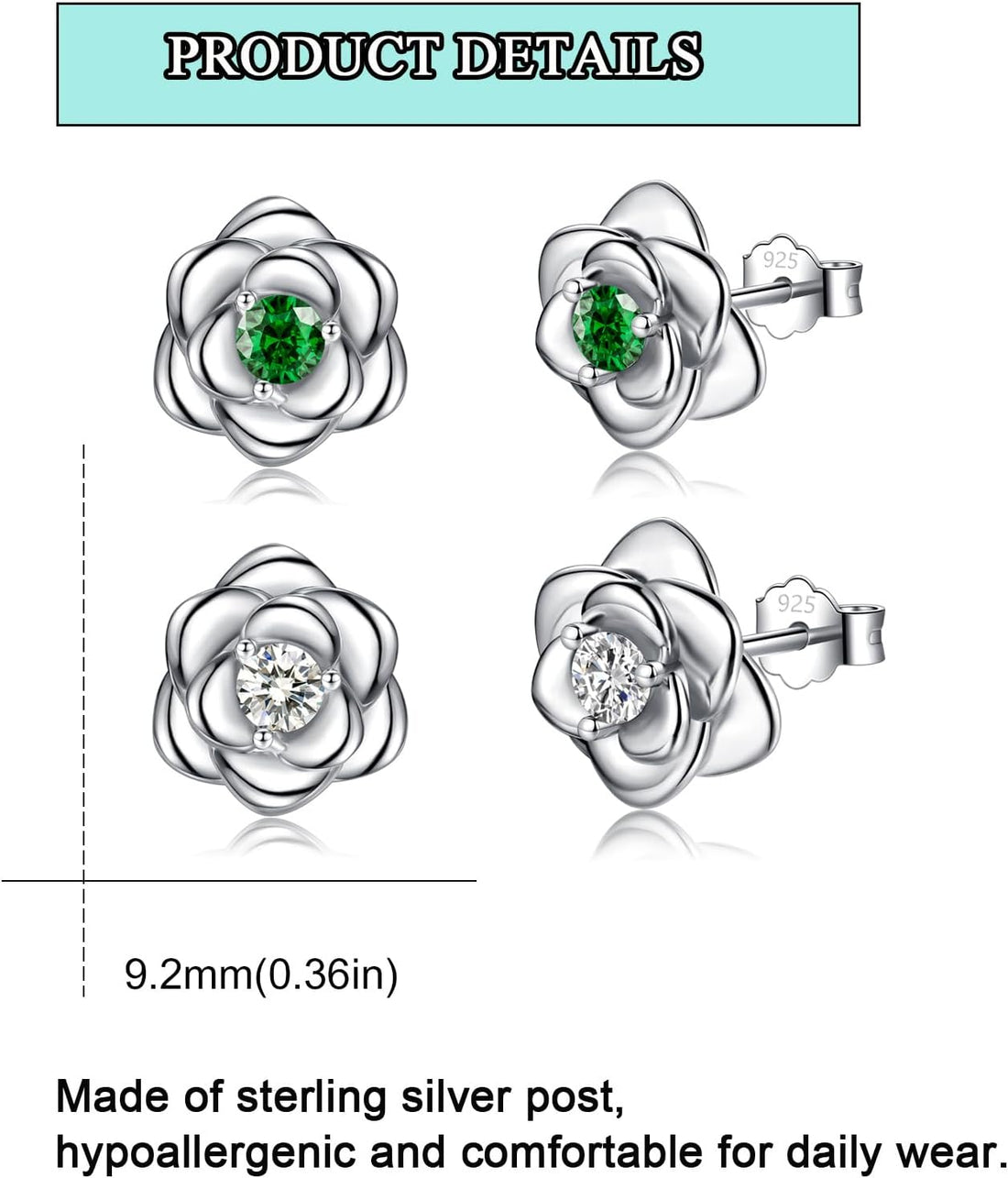 Sterling Silver Stud Earrings for Women, Silver Flower Cubic Zirconia Hypoallergenic Helix Cartilage Earrings Jewelry Gifts for Girls (Silver, Gold, Rose Gold)