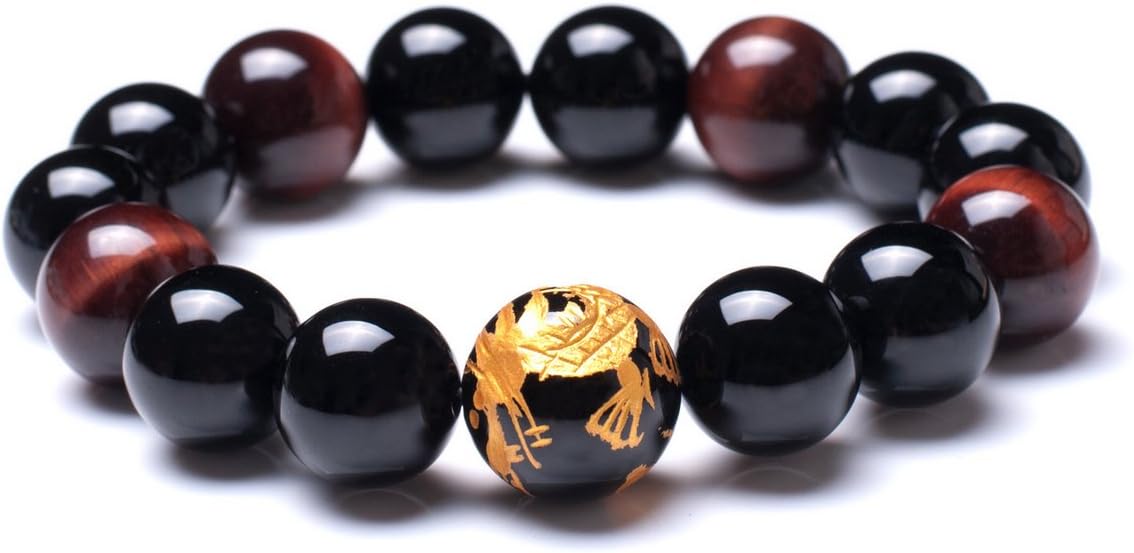 Men's Tiger Eye Stretch Bracelet Dragon King Pattern Bead(Silver&Yellow)