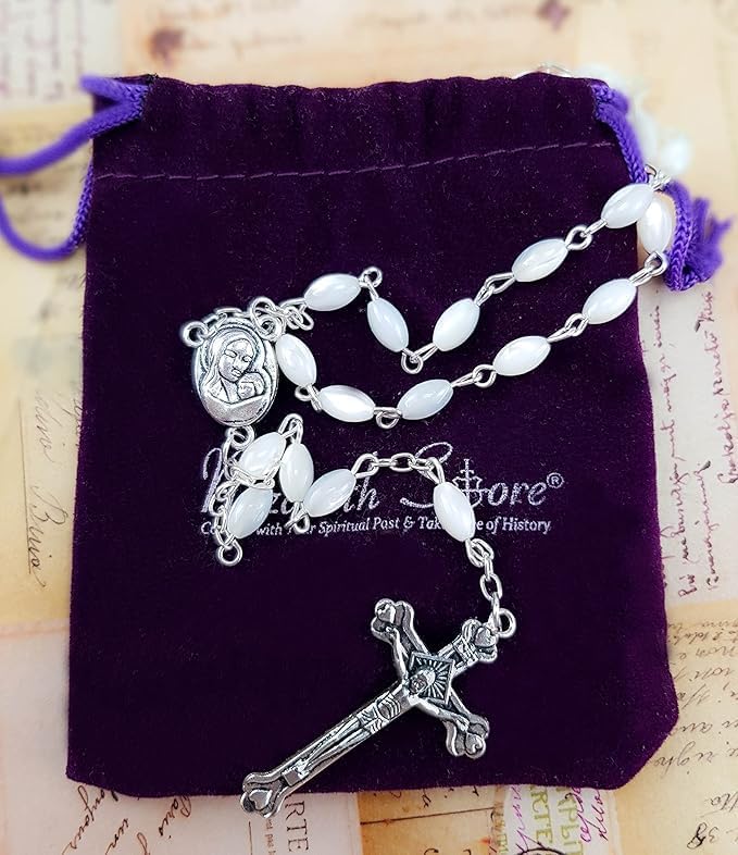 Nazareth Store Mother of Pearl Beads Rosary Natural Shell Beaded Necklace Holy Soil Medal & Cross Crucifix Bethlehem Handcrafted Chaplet