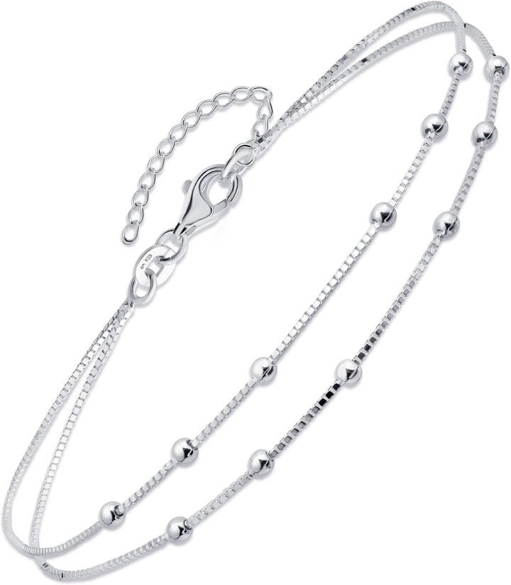 Amberta Italian Sterling Silver Anklet for Women 925 | Adjustable Ankle Bracelets for Women Beaded Heart Summer Jewellery