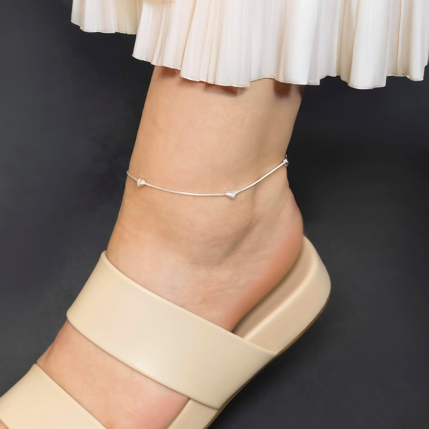 Amberta Italian Sterling Silver Anklet for Women 925 | Adjustable Ankle Bracelets for Women Beaded Heart Summer Jewellery