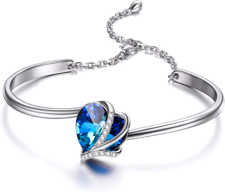 AOBOCO Sterling Silver Love Heart Adjustable Bangle Bracelet for Women, Mothers Day Wedding Anniversary Jewellery Gifts for Mum Wife Girlfriend Her