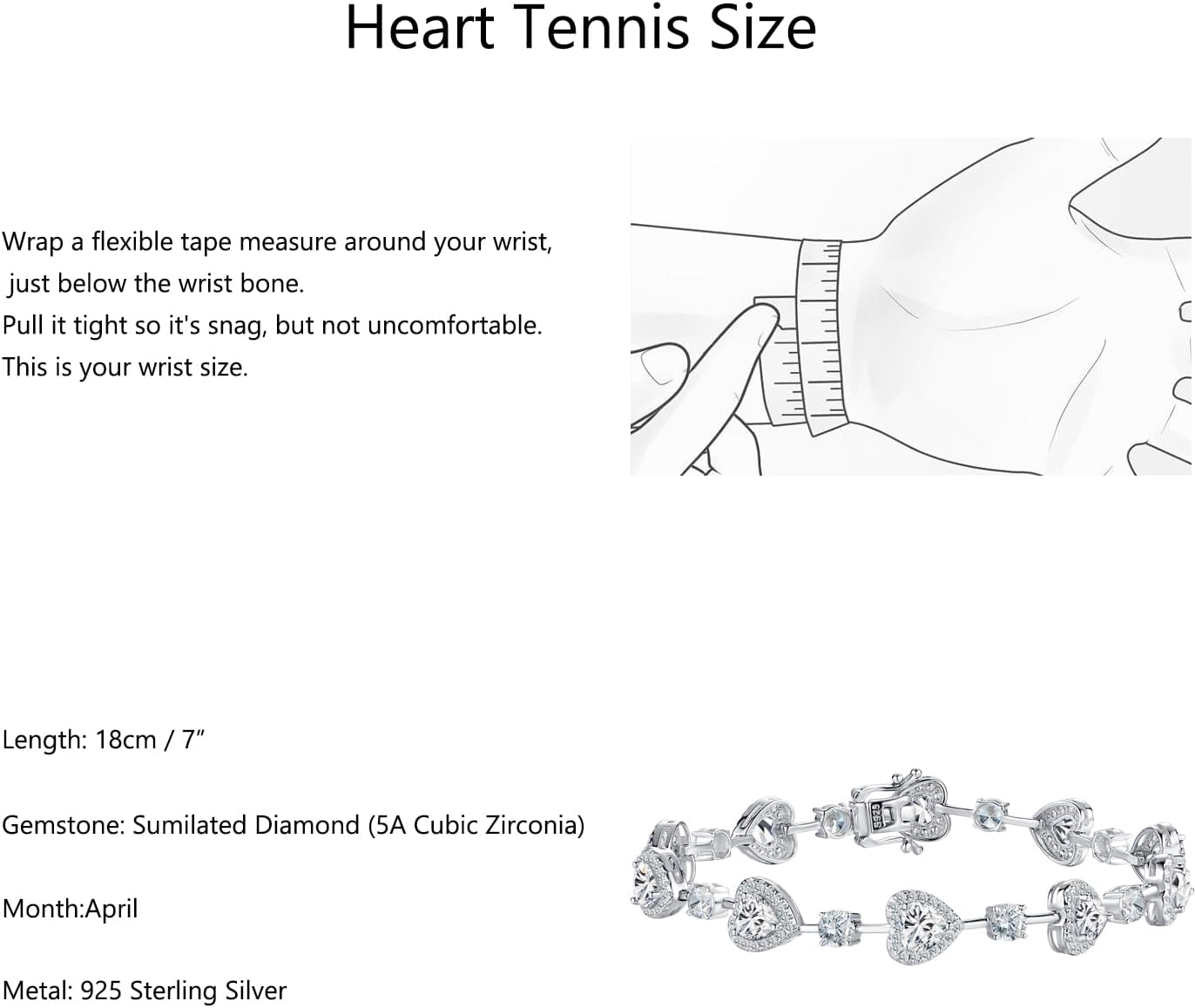 Sterling Silver Tennis Bracelet Birthstone Bracelets for Women, Fine Jewellery Heart Gemstone Birthstone Charm Birthday Anniversary Jewellery Gifts for Women Mothers, 18CM