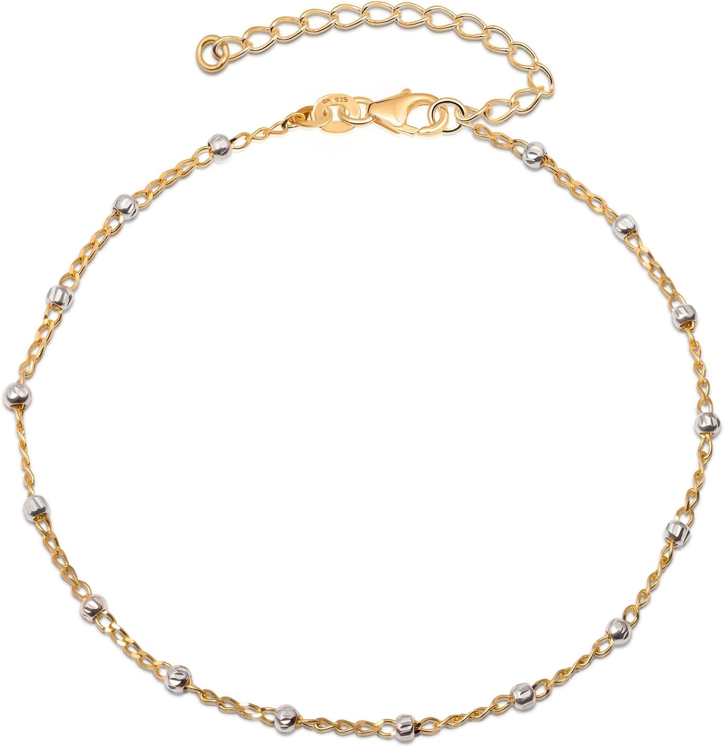 Amberta Italian Sterling Silver Anklet for Women 925 | Adjustable Ankle Bracelets for Women Beaded Heart Summer Jewellery