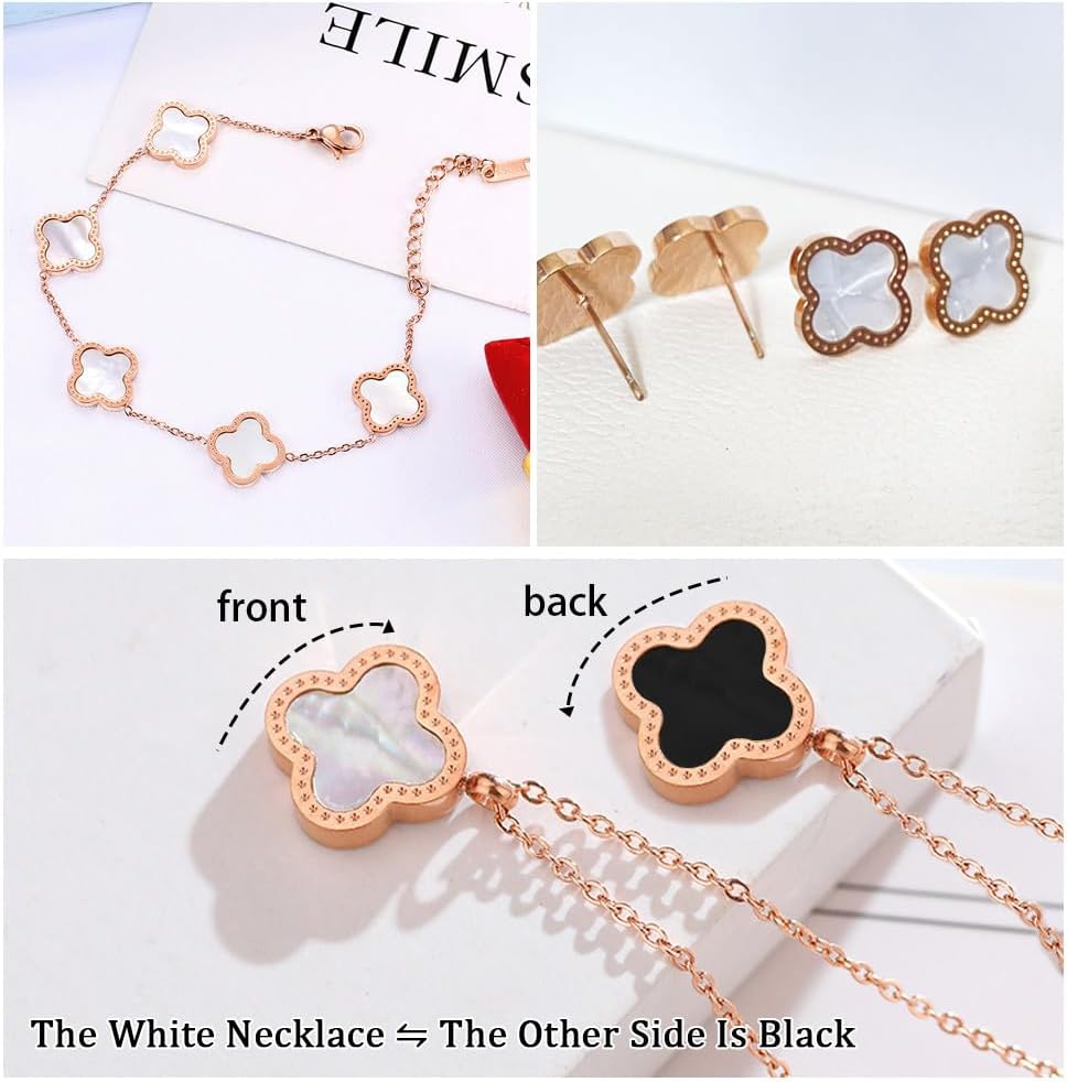 TOFBS Four-Leaf Clover Jewellery Set for Women Girls 18K Rose Gold Plated Stainless Steel Double-sided Green Black Four-Leaf Clover Pendant Necklace Stud Earrings Bracelet Jewellery Set