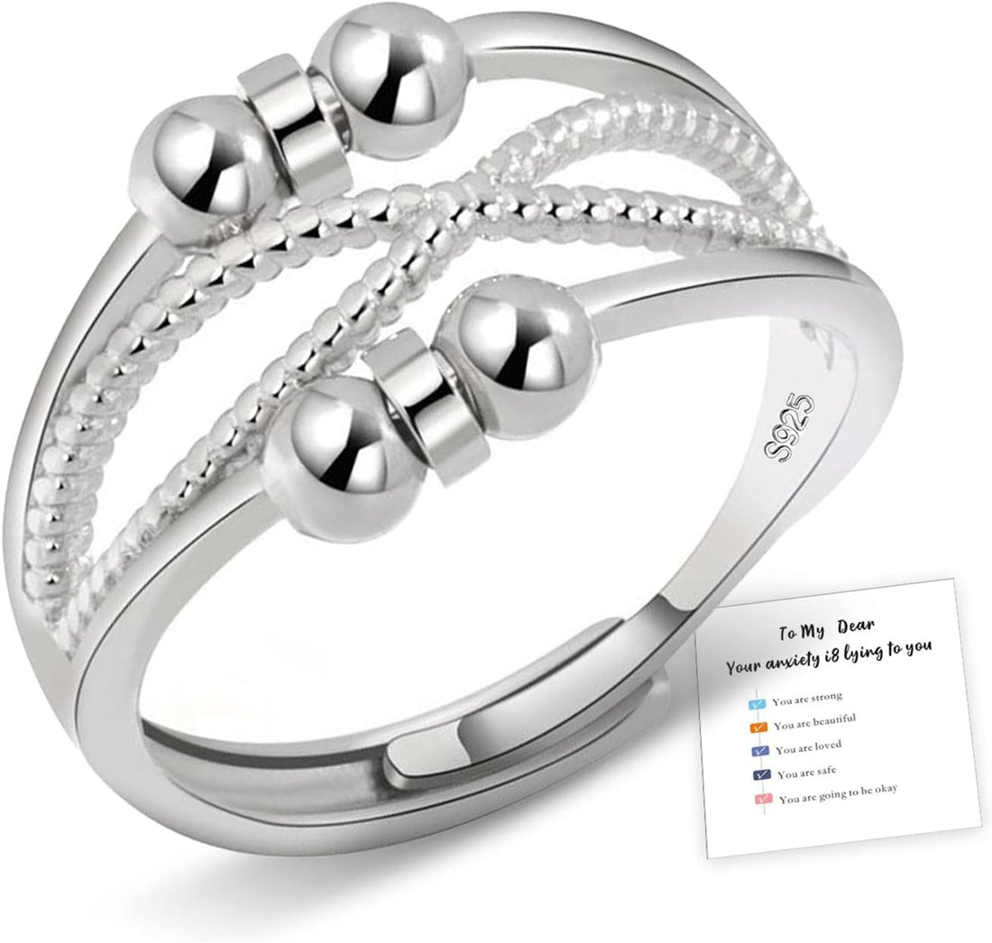 Sfoni Anxiety Rings for Women Men, Hypoallergenic Sterling Silver Ring Adjustable Fidget Rings for Anxiety Stress Relief Beads Spinner Rings Retro Band Rings with Cubic Zirconia, with Gift Card & Box