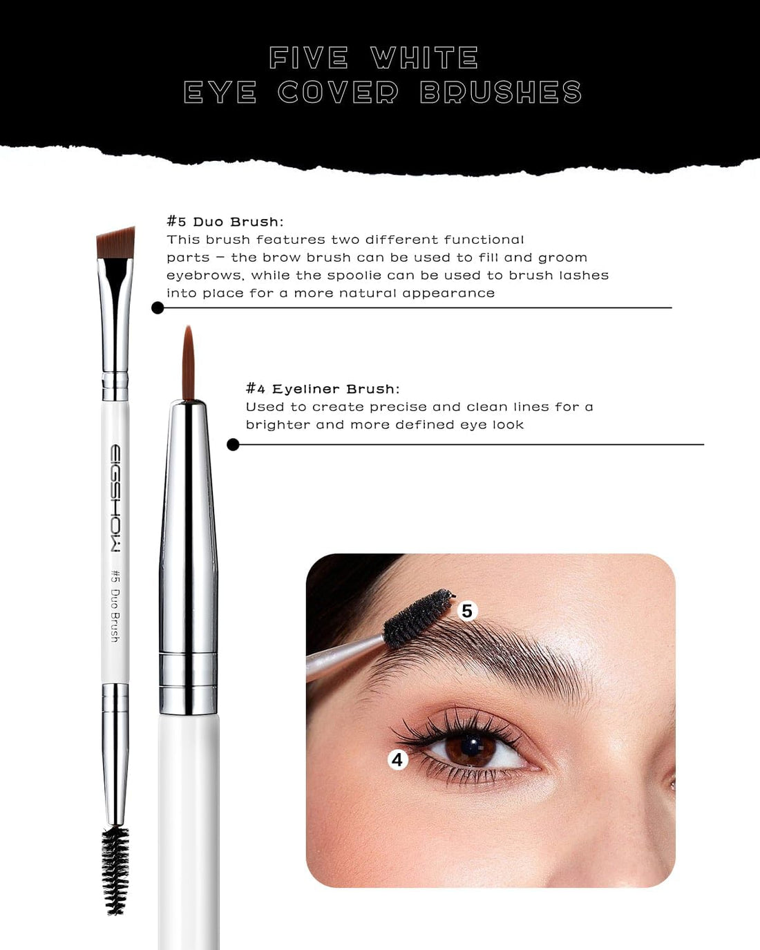 EIGSHOW 5 Pcs Eye Makeup Brush Set, Everyday Eye Essential Makeup Brushes with Blending, Eyeshadow, Detail, Eyeliner, Eyebrow Brushes(White)