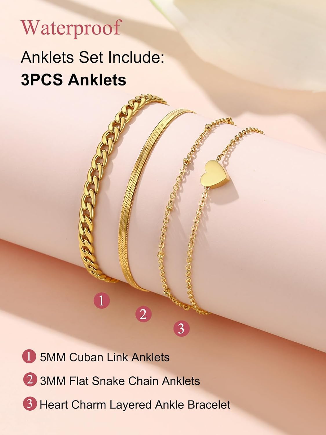 FOCALOOK Adjustable Layered Anklets for Women Summer Bracelets Waterproof Stainless Steel Ankle Bracelets Beach Foot Chains 8.5-10.5inch