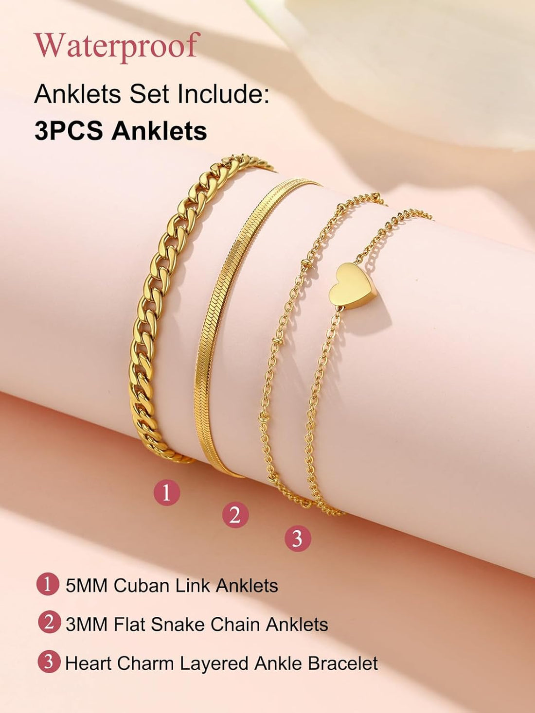 FOCALOOK Adjustable Layered Anklets for Women Summer Bracelets Waterproof Stainless Steel Ankle Bracelets Beach Foot Chains 8.5-10.5inch