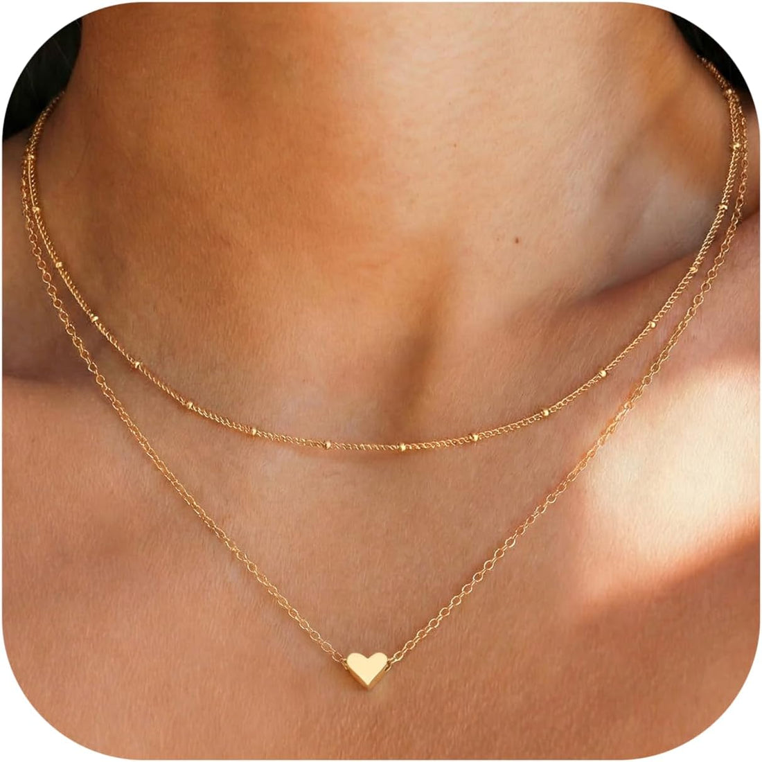 JeweBella Layered Silve Heart Necklace for Women 14K Gold Plated Dainty Heart Pendant Necklaces Chain Necklace for Women Girls Jewelry Gifts Gold/Silver 40+5CM