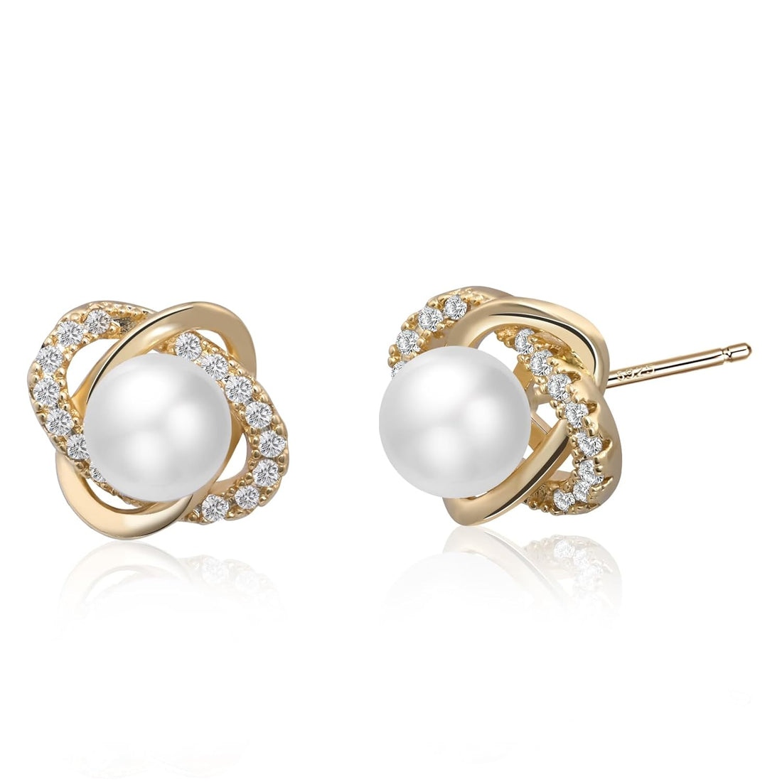 Weviway Gold Pearl Stud Earrings for Women, 925 Sterling Silver Stud Earrings with Cubic Zirconia, Handmade Pearl Jewellery for Gift