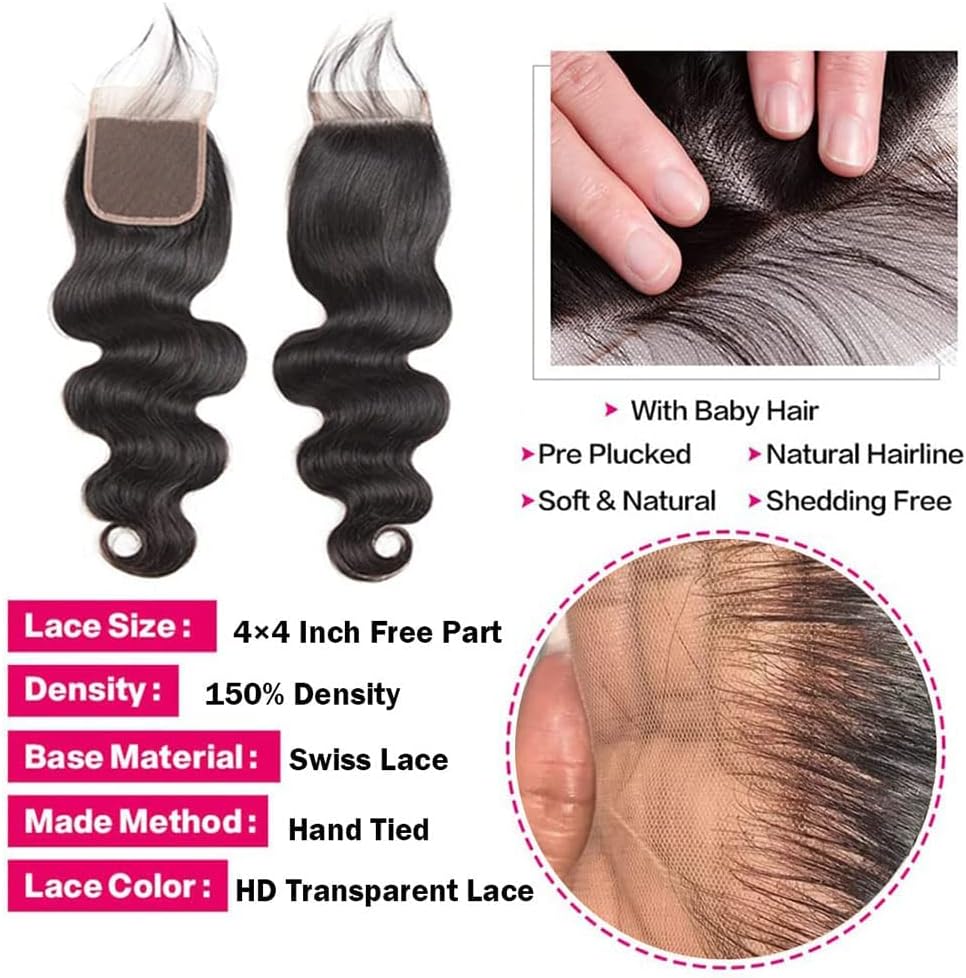 Vallbest Brazilian Body Wave Virgin Hair Bundles with Transparent Lace Closure (18 20 22+16) Remy Human Hair Body Wave 3 Bundles Hair Extension with 4x4 Lace Closure Hair Extensions