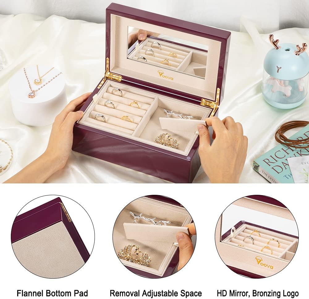 Voova Wooden Jewellery Box Organiser for Women Girls, Deluxe Piano Paint Jewelry Storage Case with Mirror, jewlerrying Display Holder with Removable Tray for Necklace Earring Rings, Gifts, Purple
