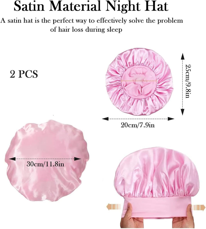 Hair Bonnet for Sleeping, Wide Elastic Band Satin Bonnet Shower Cap for Women Makeup Hair Care Elastic Hat Soft Sleep Cap Satin Head Cover for Night Sleep Curly Hair Protection(Black+Pink)