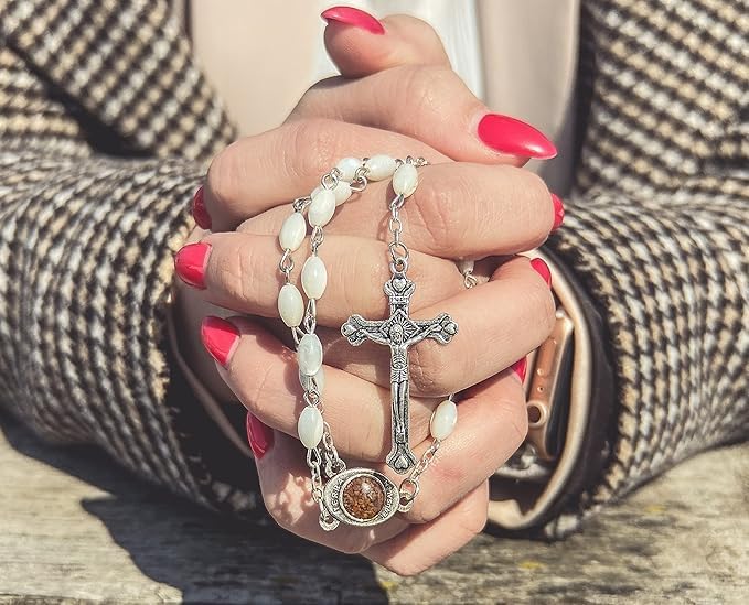 Nazareth Store Mother of Pearl Beads Rosary Natural Shell Beaded Necklace Holy Soil Medal & Cross Crucifix Bethlehem Handcrafted Chaplet