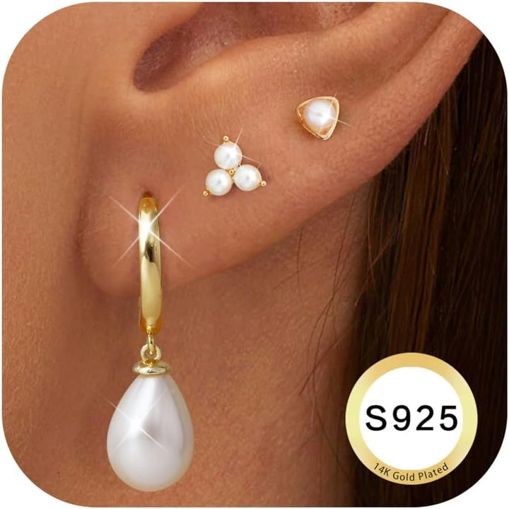 Dochais 3 Pairs 925 Sterling Silver Earrings for Women 14K Gold Stud Huggie Hoop Earring 5A Zirconia Gold Earrings Stacks Hypoallergenic Cartilage Earring Set for Multiple Piercings Jewelry Gift