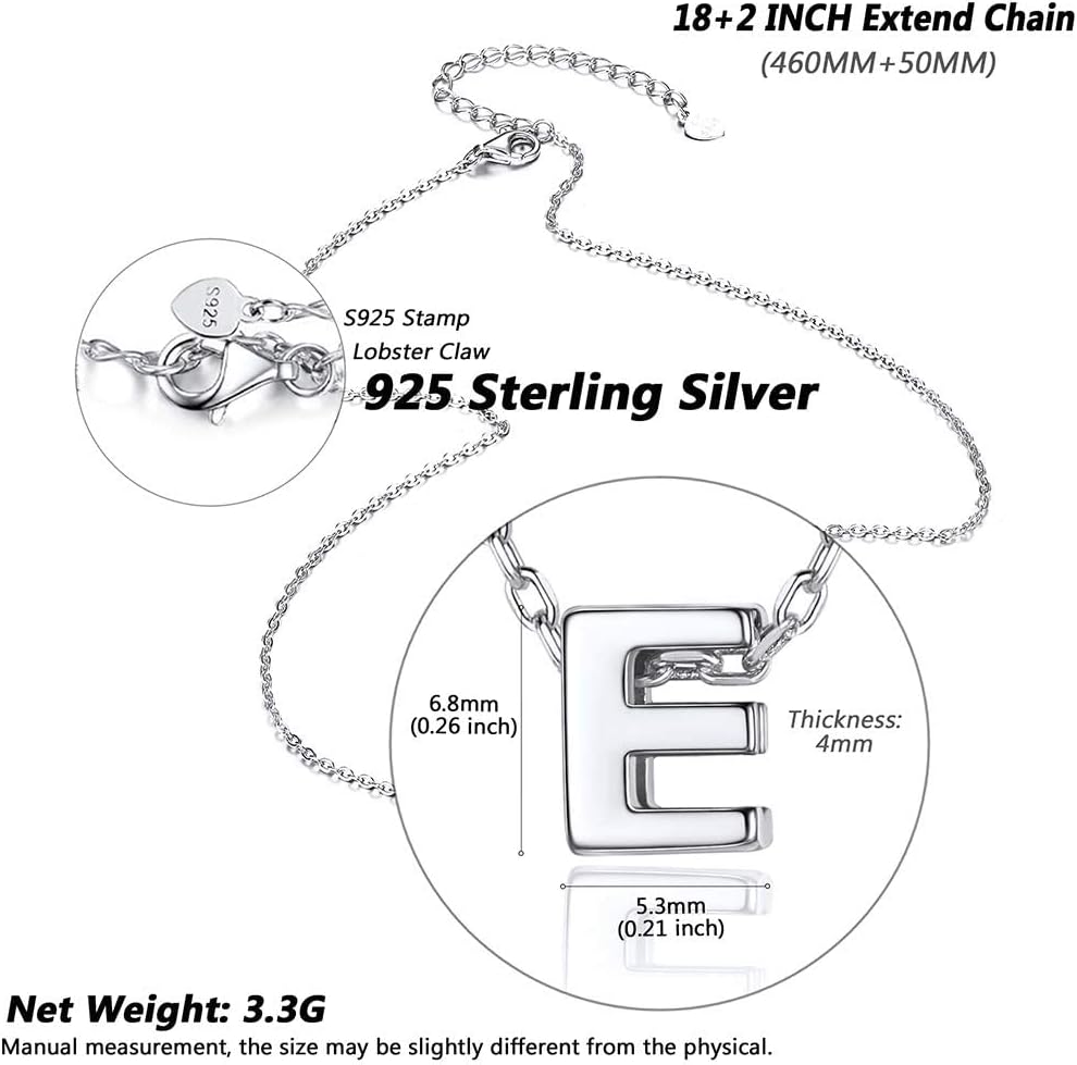 S925 Sterling Silver Initial Necklace for Women, Cute Letter Pendant with 46cm+5cm Adjustable Chain