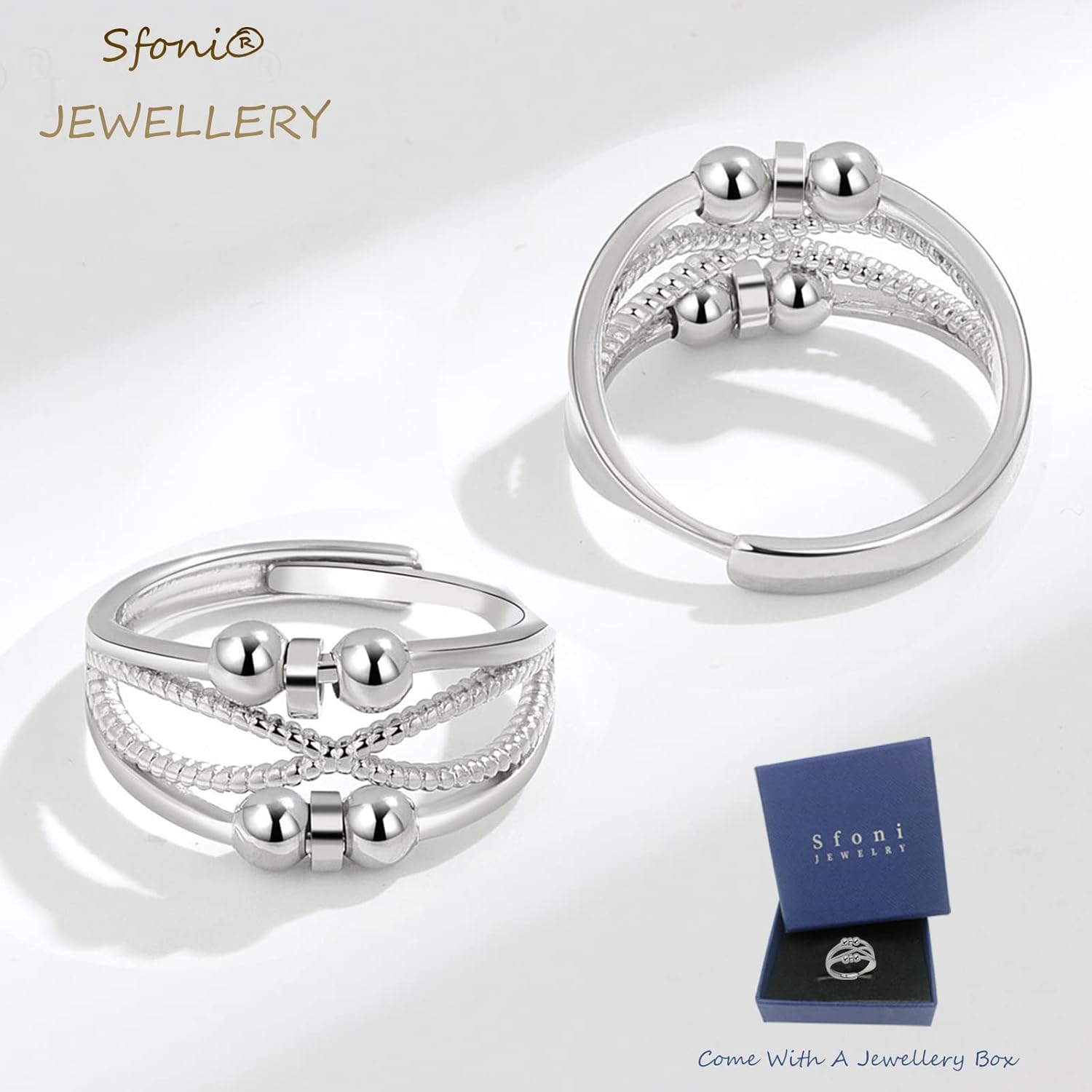 Sfoni Anxiety Rings for Women Men, Hypoallergenic Sterling Silver Ring Adjustable Fidget Rings for Anxiety Stress Relief Beads Spinner Rings Retro Band Rings with Cubic Zirconia, with Gift Card & Box