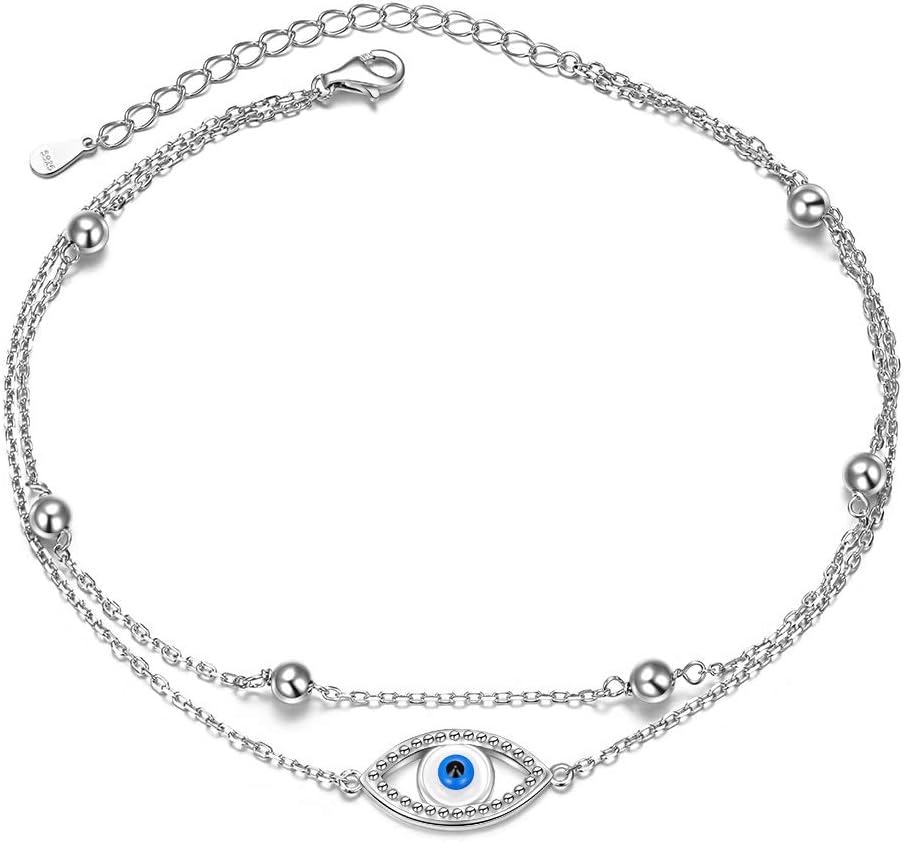 S925 Sterling Silver Evil Eye Hamsa Hand/Butterfly/Cross/Celtic Knot/Infinity/Heart Anklets for Women Girls, Adjustable 9 10 11 Inches Foot Chain Jewelry
