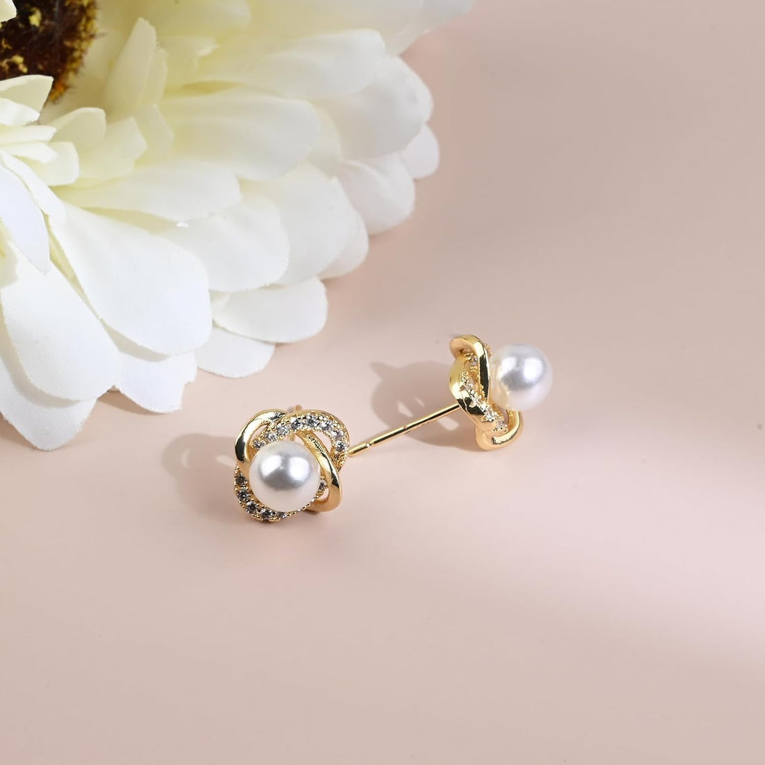 Weviway Gold Pearl Stud Earrings for Women, 925 Sterling Silver Stud Earrings with Cubic Zirconia, Handmade Pearl Jewellery for Gift