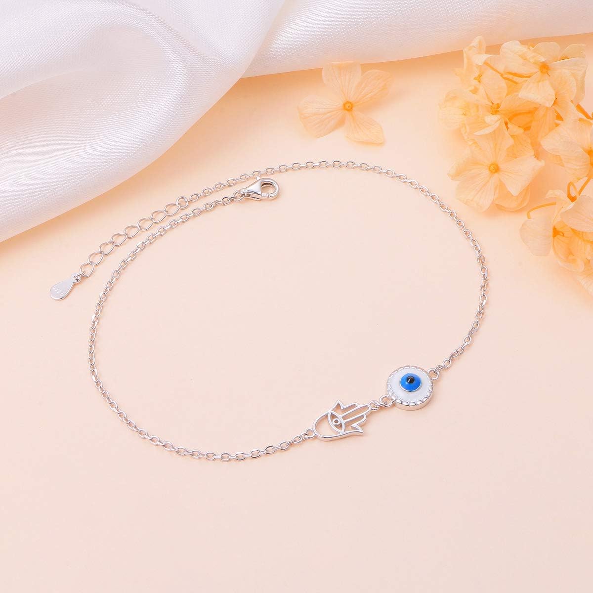 S925 Sterling Silver Evil Eye Hamsa Hand/Butterfly/Cross/Celtic Knot/Infinity/Heart Anklets for Women Girls, Adjustable 9 10 11 Inches Foot Chain Jewelry