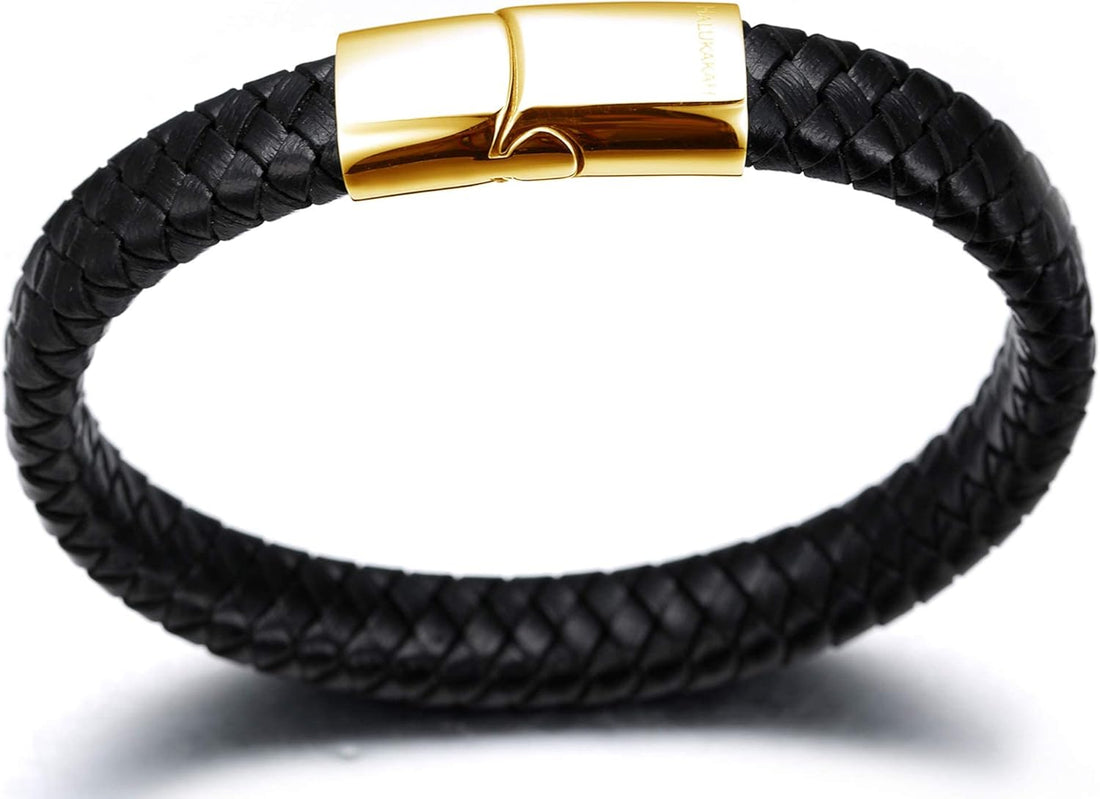 HALUKAKAH Kids Jewelry ? Solo Junior ? Leather Bracelet in Classic Black/Brown,for 6 to 15-Year-Olds,Featuring Exquisite Golden/Silver/Black Titanium Magnetic Clasp,Size 7+0.7"(18+1.5cm),with Giftbox