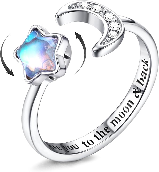 MILACOLATO Fidget Ring for Women Kids Girls Anxiety Rings Open Adjustable Silver Sunflower Opal Moonstone Star Moon Snow Lotus Spinner Mood Rings Knuckle Rings Jewellery
