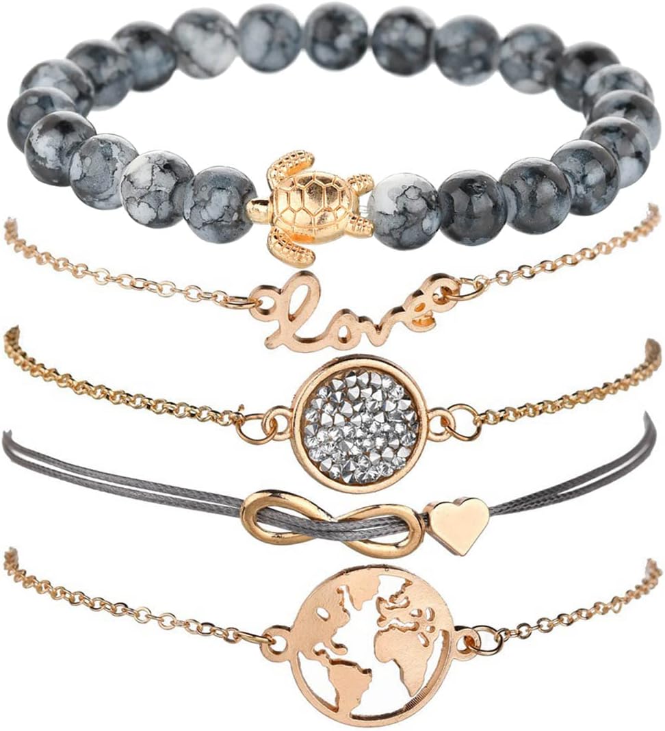 Boho Beaded Bracelets Simple String Bracelet Cute Metal Bracelet Chain Star Moon Map Lucky 8 Heart Decoration Stackable Layered Hand Jewelry Accessioes Set for Women