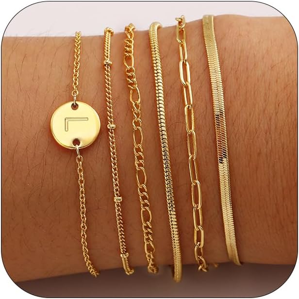 Aretas Gold Bracelet for Women, 6PCS 14K Real Gold Plated Letter A-Z Stackable Jewelry Set for Adjustable 6"+2"