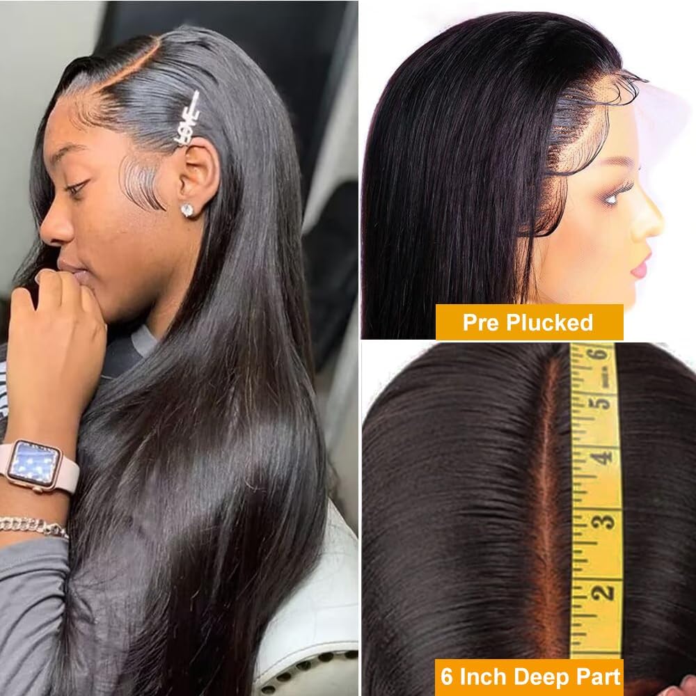 Straight HD Lace Front Wig Human Hair Pre Plucked 13x6 Pre Bleached Knots Lace Frontal Wig For Women 180 Density HD Transparent Lace Front Human Hair Wig 24 Inch