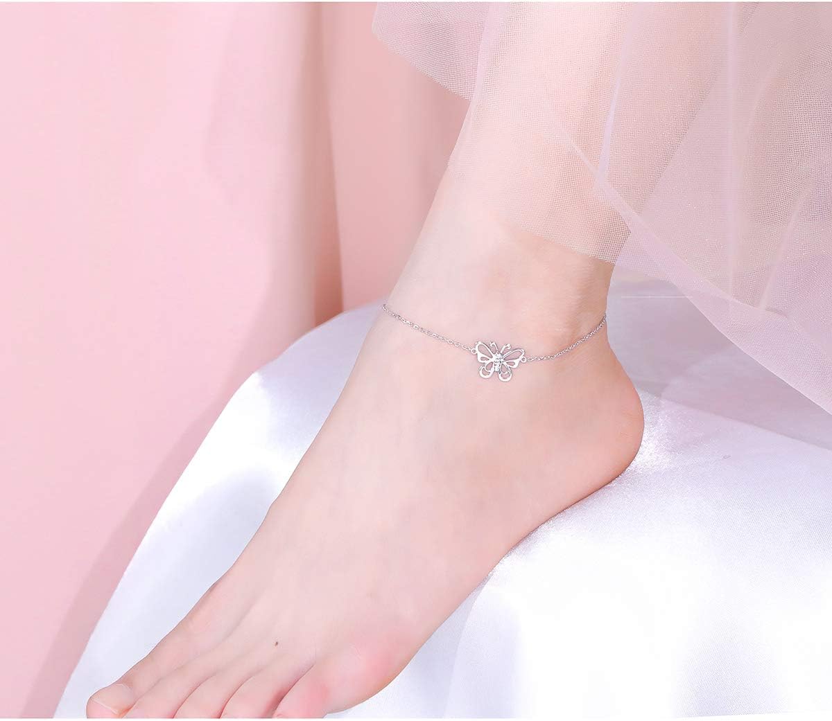 S925 Sterling Silver Evil Eye Hamsa Hand/Butterfly/Cross/Celtic Knot/Infinity/Heart Anklets for Women Girls, Adjustable 9 10 11 Inches Foot Chain Jewelry