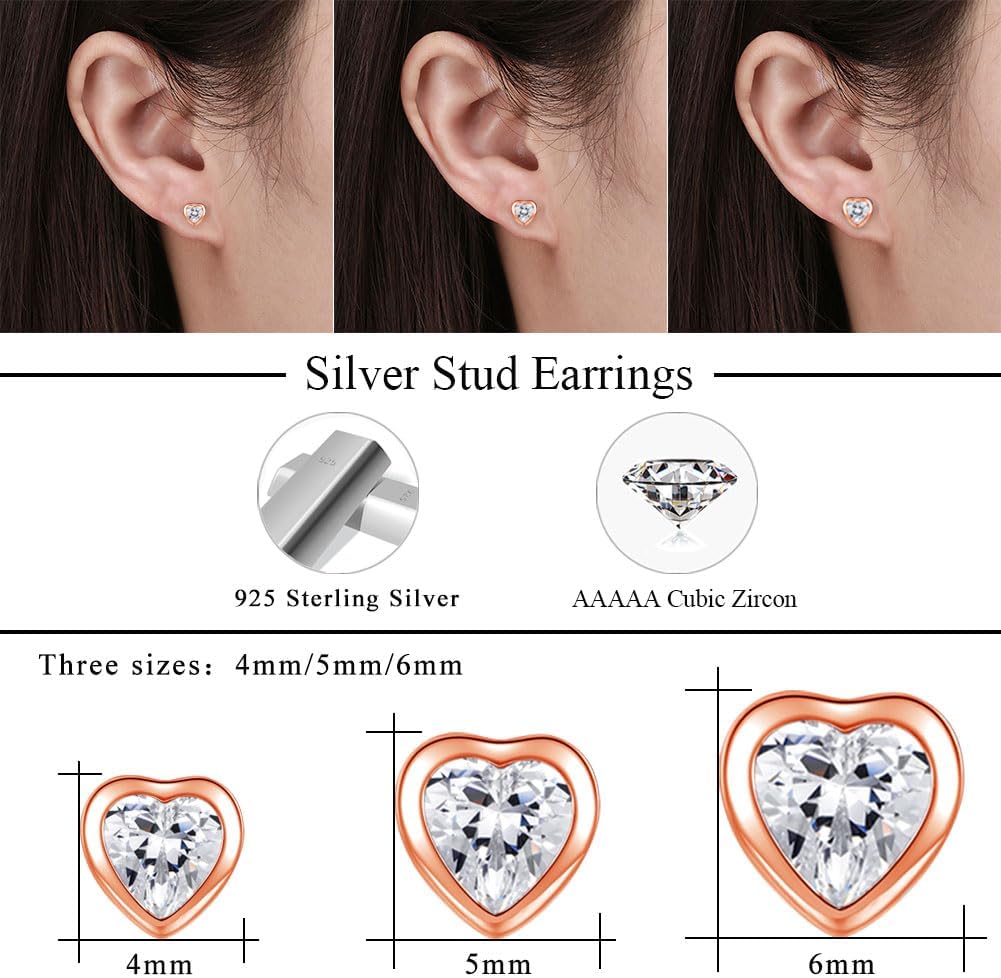 Silver Studs Earrings, 3 Pairs 925 Sterling Silver Halo Stud Earrings Set for Women Girls, Hypoallergenic Heart Round Star Stud Earrings with Zirconia, Fashion Small Cartilage Sleeper Earrings