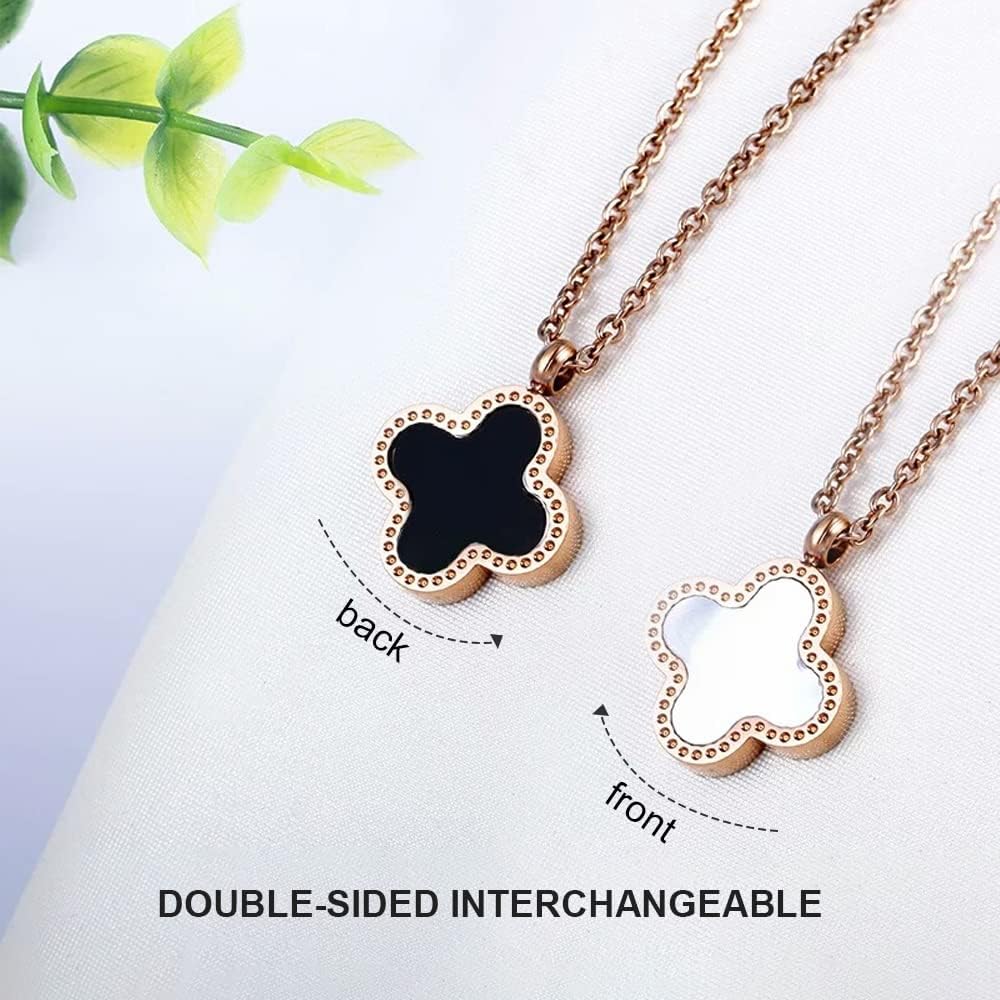 TOFBS Four-Leaf Clover Jewellery Set for Women Girls 18K Rose Gold Plated Stainless Steel Double-sided Green Black Four-Leaf Clover Pendant Necklace Stud Earrings Bracelet Jewellery Set